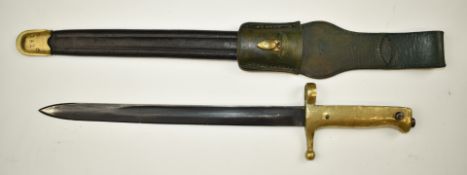 Italian 1870/1887 pattern bayonet with all brass grip and crossguard stamped UX9683, 30cm fullered