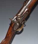 Enfield three band percussion hammer action rifle with lock stamped '1857 Tower' and with crown over