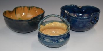 Farnham Art Pottery pinched form figural owl pedestal dish, another dish and a basket with Harris