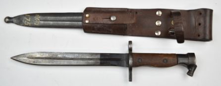 Egyptian 'Haxim' bayonet with wooden grips, 21cm fullered blade, scabbard and frog. PLEASE NOTE