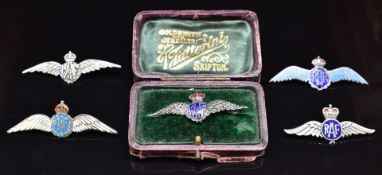 Royal Air Force silver, marcasite and enamel sweetheart brooch in box, together with four silver and