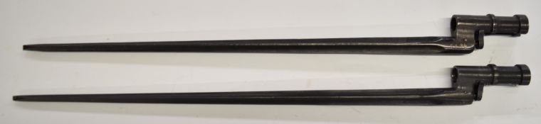 Two Russian Mosin Nagant socket bayonets, stamped 6194 and YY 8256, both with 41cm cruciform blades.