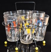 Retro set of six lemonade glasses decorated with jazz players, in original metal stand.