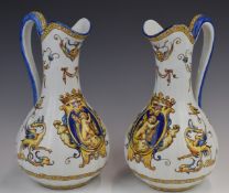 Pair of 19th/20thC French Gien Pottery ewers, Gien mark to base of both, height 25cm