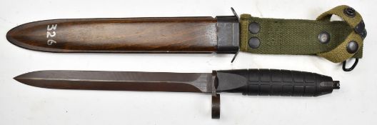 German Cold War AG 3L export bayonet with 23cm double edged blade, US M8A1 wooden scabbard and frog.
