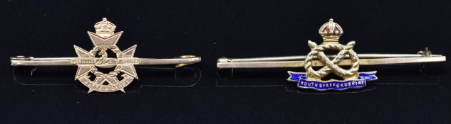 Two Infantry sweetheart brooches / tie pins, one 9ct gold and enamel for the South Staffordshire