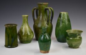 Farnham Art Pottery collection of vases including one with four handles, tallest 25cm