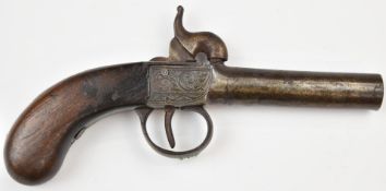 Unnamed percussion hammer action pocket pistol with engraved locks and trigger guard and 3 inch