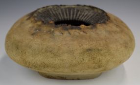 Studio pottery bowl with lined rim, impressed SR mark to base, height 10 x diameter 27cm