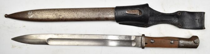 German 1898 pattern bayonet with wooden grips, 31cm fullered blade, scabbard and frog. PLEASE NOTE