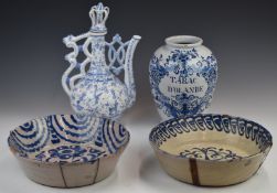 Two Spanish pottery bowls, probably 19thC Tabac D'Olande drug jar and a Portuguese coffee pot,