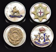 Four mother of pearl and enamel sweetheart brooches for the Coldstream Guards, 20th Hussars,