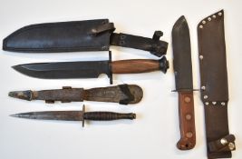 Fairbairn Sykes style fighting knife with 17.5cm double edged blade and leather sheath, together