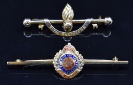 Two Royal Engineers 9ct gold and enamel sweetheart brooches, 5g