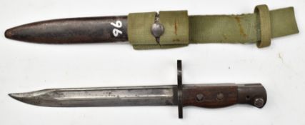 British No5 jungle carbine knife bayonet with wooden grips, 20cm fullered blade, scabbard and