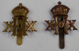 Two British Army 20th Hussars cap badges