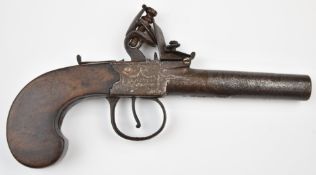 Indistinctly named flintlock pocket pistol with thumb slide safety and 2.5 inch smooth bored turn-