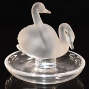 Lalique frosted and clear glass pin dish or ring holder decorated with two swans, signed 'Lalique