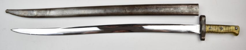 Egyptian 1870 pattern bayonet with brass grips, 57.5cm chromed fullered yataghan blade and scabbard.
