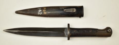 Portuguese 1948 pattern knife bayonet for FBP sub machine gun, crossguard stamped 12215, with 17.5cm