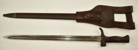 French 1892 pattern Mannlicher Berthier bayonet with wooden grips secured by two large rivets,