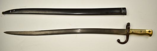 French 1866 pattern chassepot bayonet with brass grip, crossguard stamped S 90199 and 1871