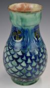 Della Robbia art / studio pottery vase with fish scale decoration, signed LW for Liz Wilkins and