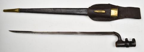British 1853 pattern socket bayonet with some stamps to ricasso including JB 2, 44cm blade, scabbard