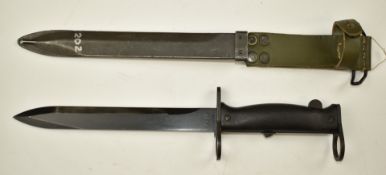 French MAS 1958 pattern knife bayonet stamped DLT 0179 to ricasso, with 20cm blade, scabbard and