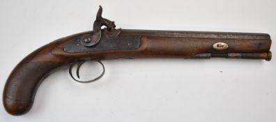 Indistinctly named percussion hammer action duelling pistol with engraved lock, chequered grip,