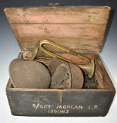 WW2 German steel helmet together with a Brodie example, two military bugles one by Adir Ali & Co