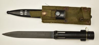 Belgian FN CAL bayonet with 17cm blade, scabbard and frog. PLEASE NOTE ALL BLADED ITEMS ARE