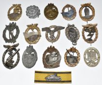 Sixteen replica German Nazi Third Reich badges including tank assault, anti aircraft and infantry