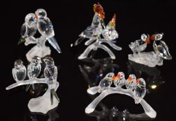 Five Swarovski Crystal clear and coloured glass bird groups including puffins, lovebirds etc,