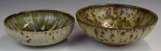 Two Barbara Cass / Arden Pottery (1921-1992) studio pottery stoneware pedestal bowls with green
