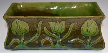 Farnham Art Pottery rectangular bulbous jardinière decorated with tulips and incised 'TH, Green',