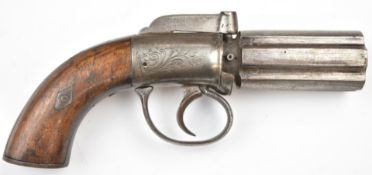Unnamed 9mm six-shot pinfire bar hammer action pepperbox revolver with engraved lock and hammer,