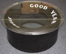 Goodyear Eagle racing tyre with glass top for coffee table, diameter 74cm