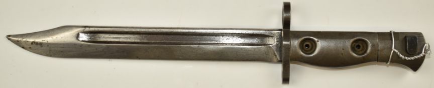Canadian C1 knife bayonet stamped A 1958 to ricasso, with 20cm fullered blade and scabbard. PLEASE