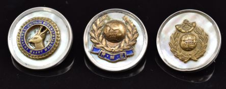 Three mother of pearl and enamel sweetheart brooches for the Royal Marine Light Infantry, Royal