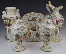 Five pieces of Capodimonte including pair of twin-handled covered pedestal vases, single two-handled