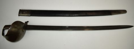 British 1858/59 pattern naval cutlass bayonet with wide steel basket guard, 68cm blade and scabbard.