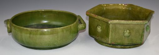 Farnham Art Pottery twin handled bowl and a hexagonal jardinière, both 24cm diameter