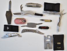 Seven small / novelty folding knives, one in the shape of a bullet, three multi tools and a key ring