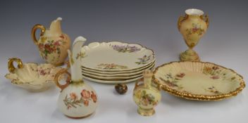 Collection of Royal Worcester blush ivory porcelain and five George Jones dessert plates, tallest