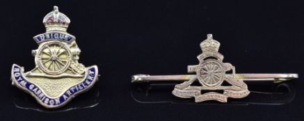 Two Royal Artillery sweetheart brooches, one 9ct gold and enamel for the Royal Garrison Artillery
