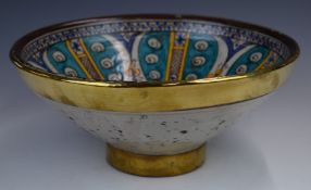 19thC Hispano Moresque metal bound pottery pedestal dish with geometric decoration, height 14 x