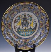 19thC Hispano Moresque metal bound pottery dish with stylised ship decoration, height 11 x
