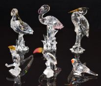 Six Swarovski Crystal clear and coloured glass birds including flamingo, toucan, stork etc,