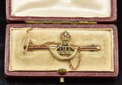 Durham Light Infantry 9ct gold and enamel sweetheart brooch, in box, 2.7g